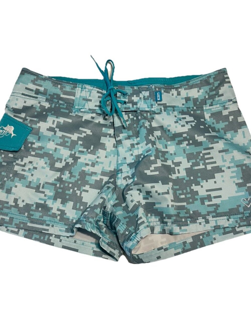 Pelagic Women Large Ambush Board Shorts in a digital blue camo Fishing Fish